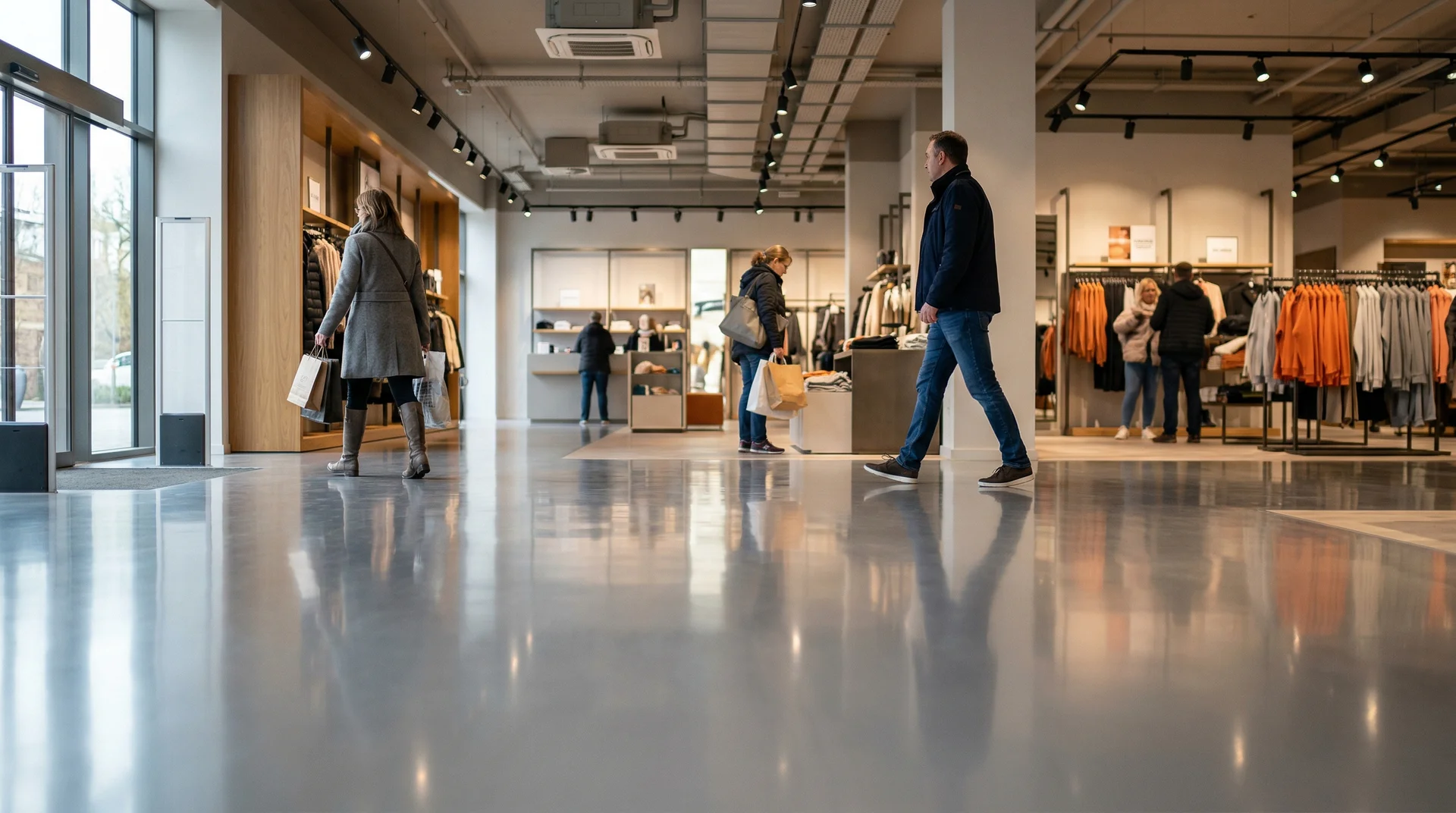 Kunder som går runt i en modern klädbutik med blank betongyta.