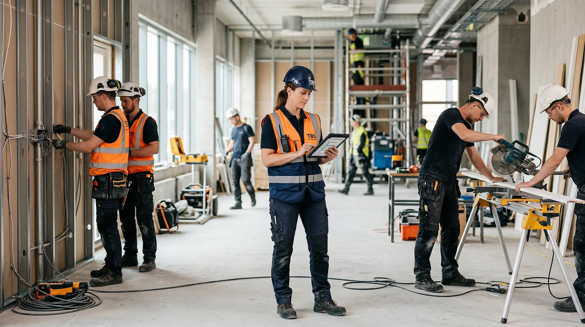 Byggarbetare i orange skyddsvästar arbetar på byggarbetsplats med verktyg och utrustning.