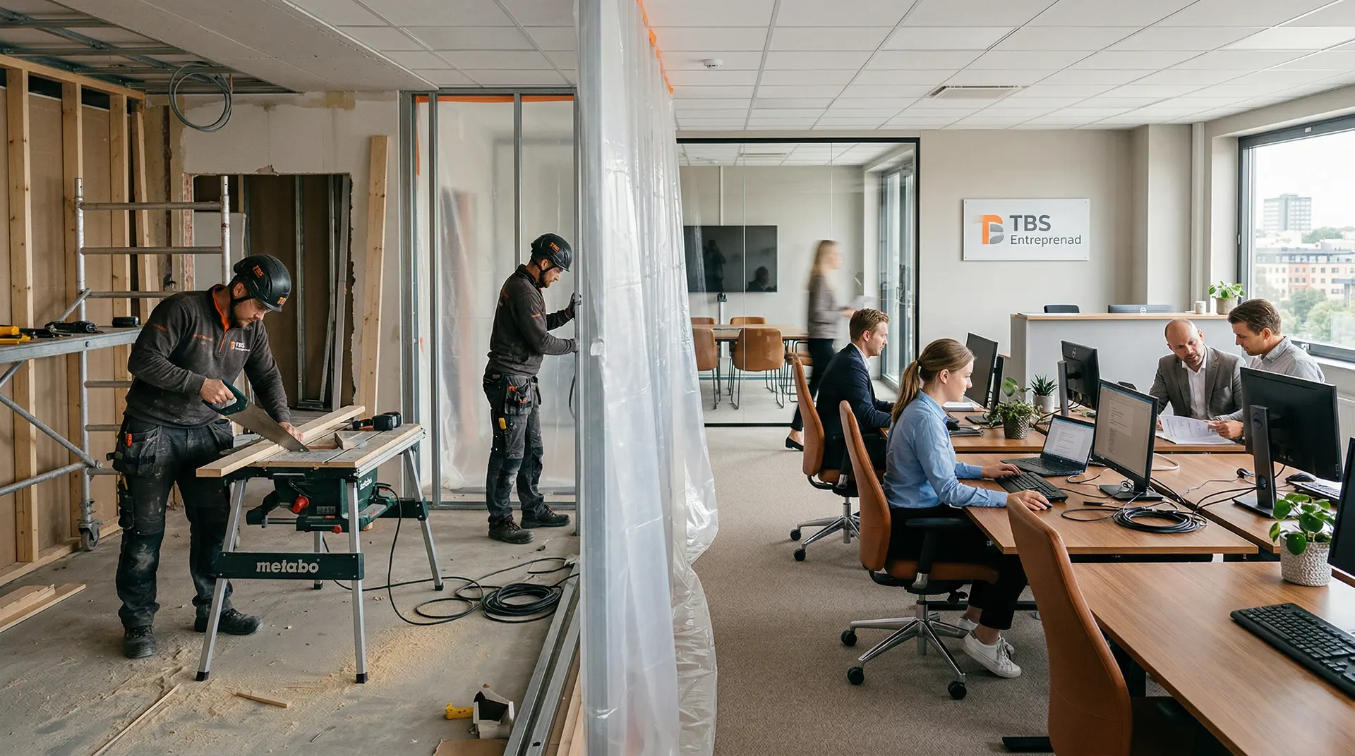 Byggnadsarbetare och kontorsarbetare i samma öppna kontorslandskap åtskilda av plastfilm.