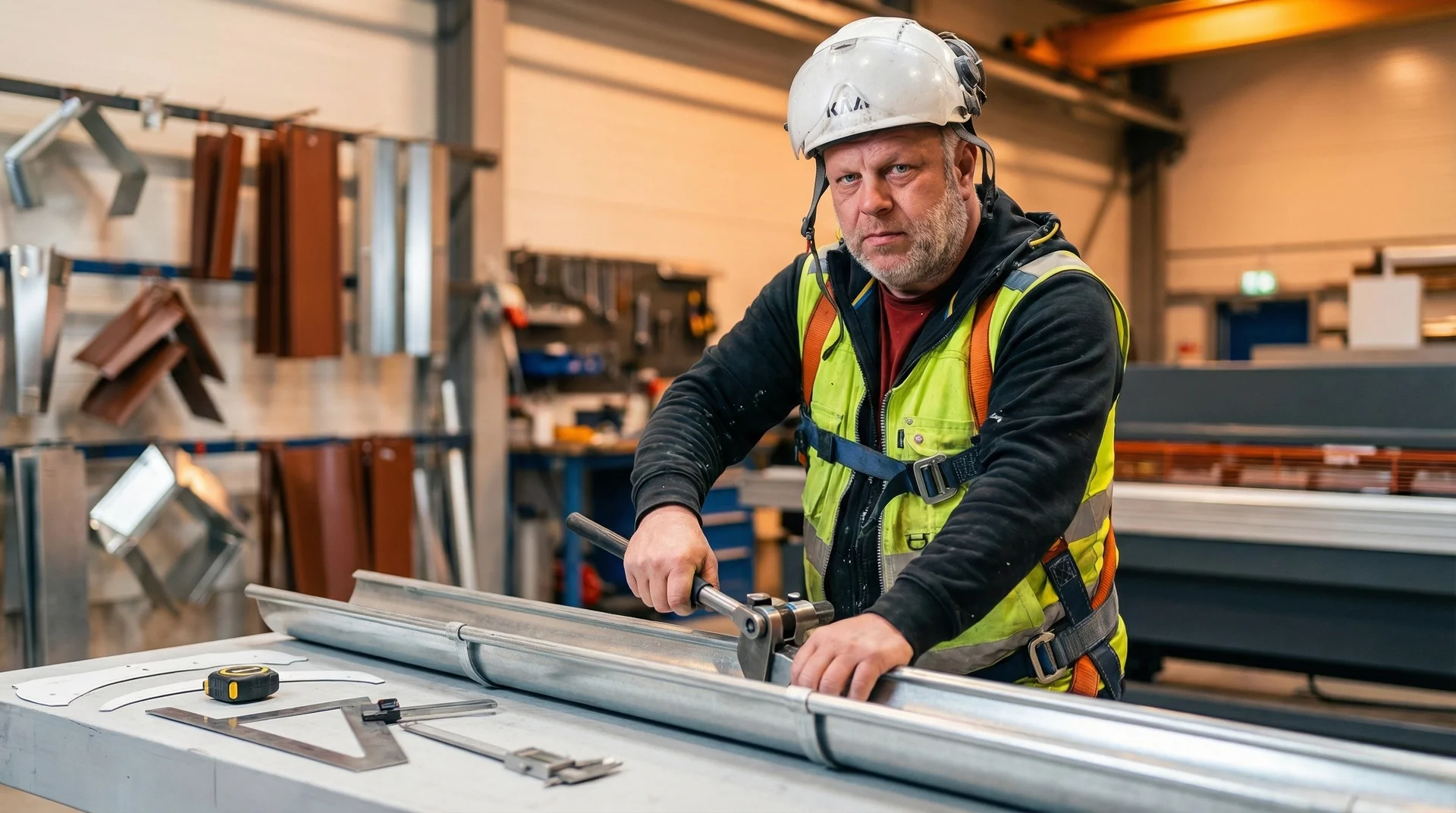 Byggnadsarbetare i varselväst och hjälm arbetar med metallrör i verkstad.