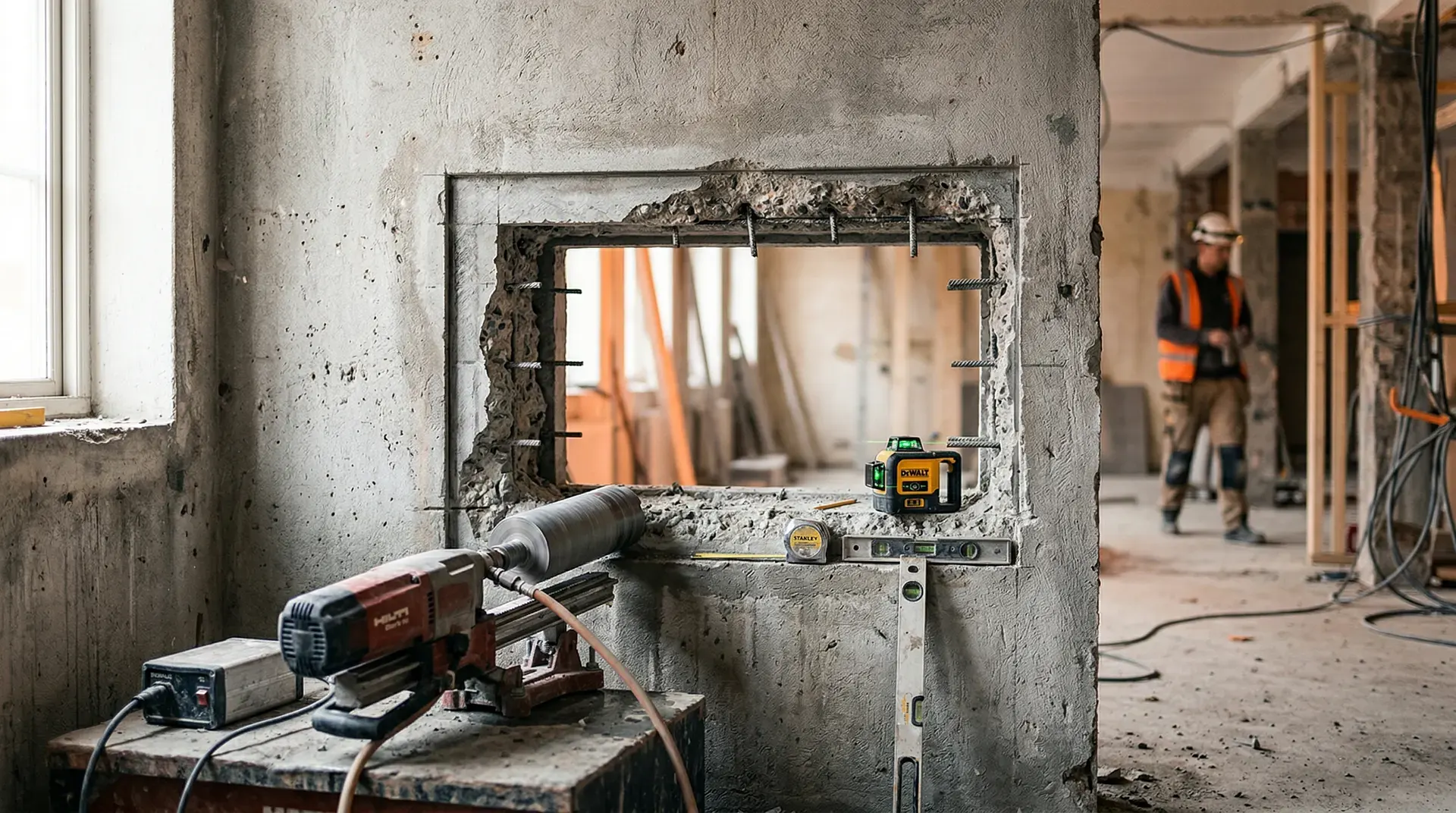 Renoveringsarbete med verktyg vid genombruten betongvägg på byggarbetsplats.