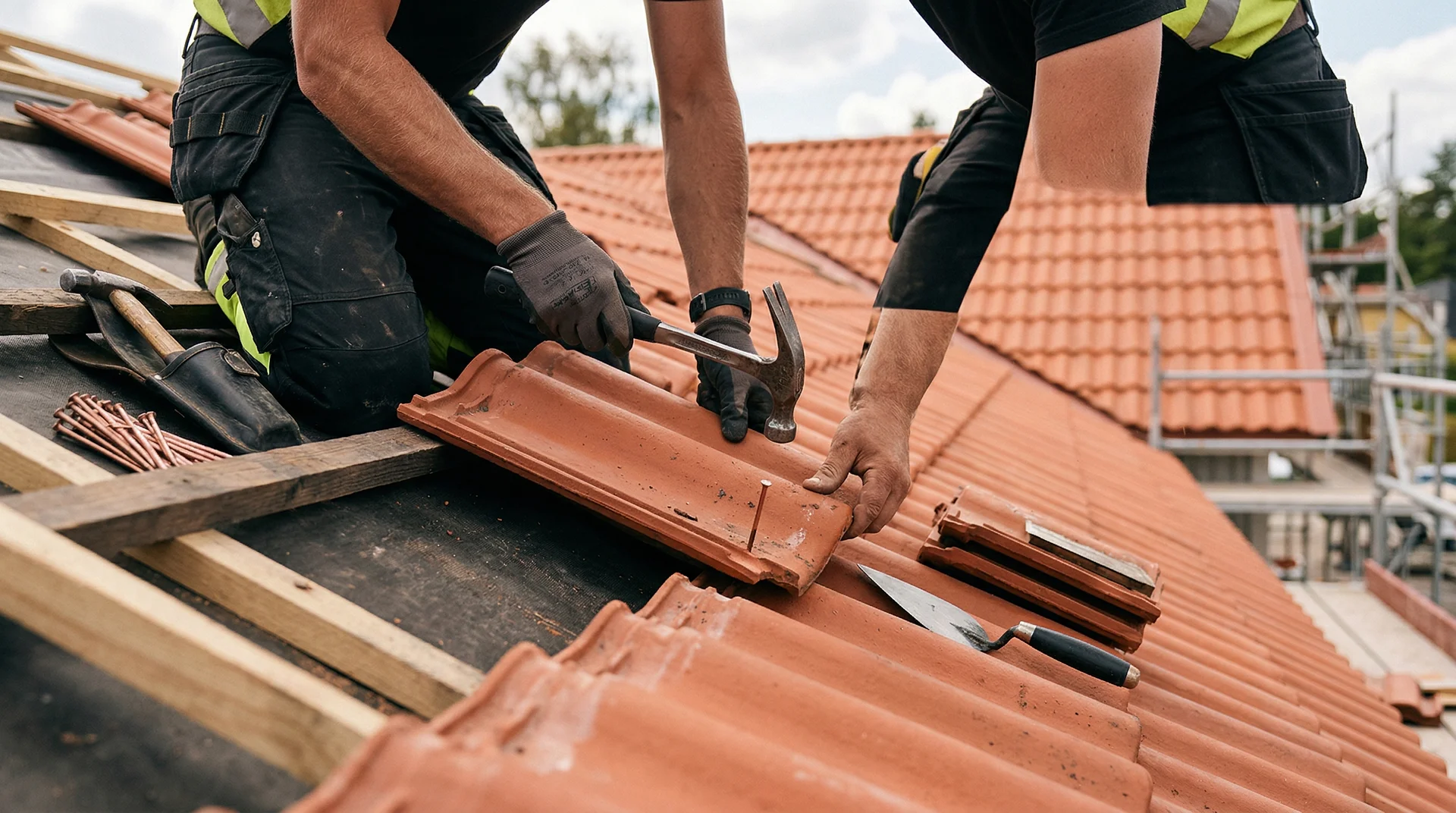 Takläggare installerar tegelplattor på ett takprojekt.