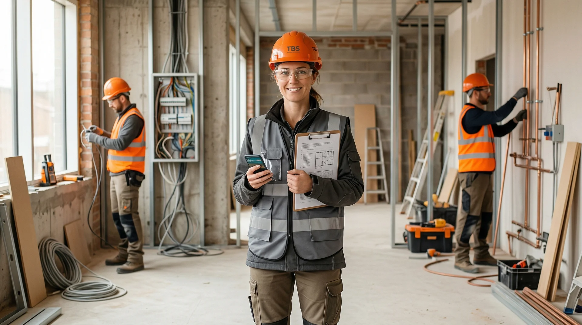 Leende kvinna med hjälm och urklipp på byggarbetsplats med kollegor i bakgrunden.