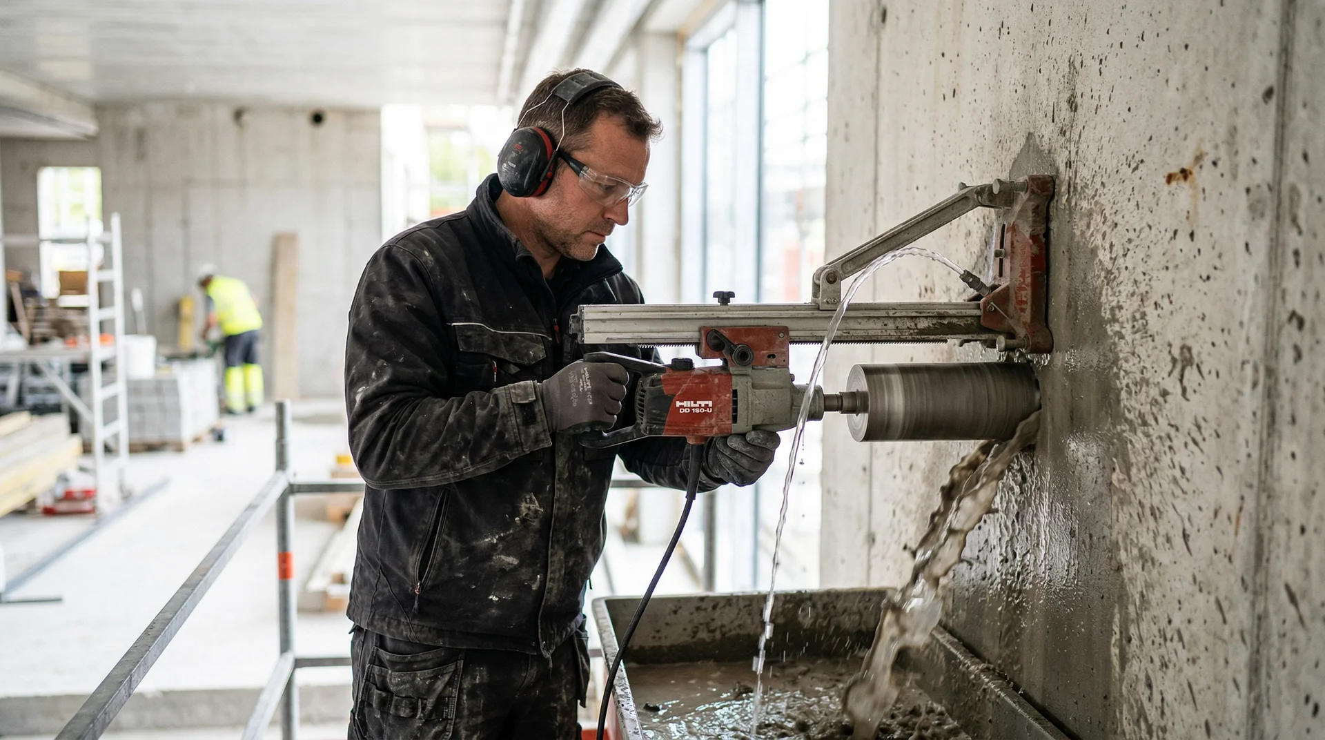 Byggnadsarbetare borrar i betongvägg med diamantborr på byggarbetsplats.