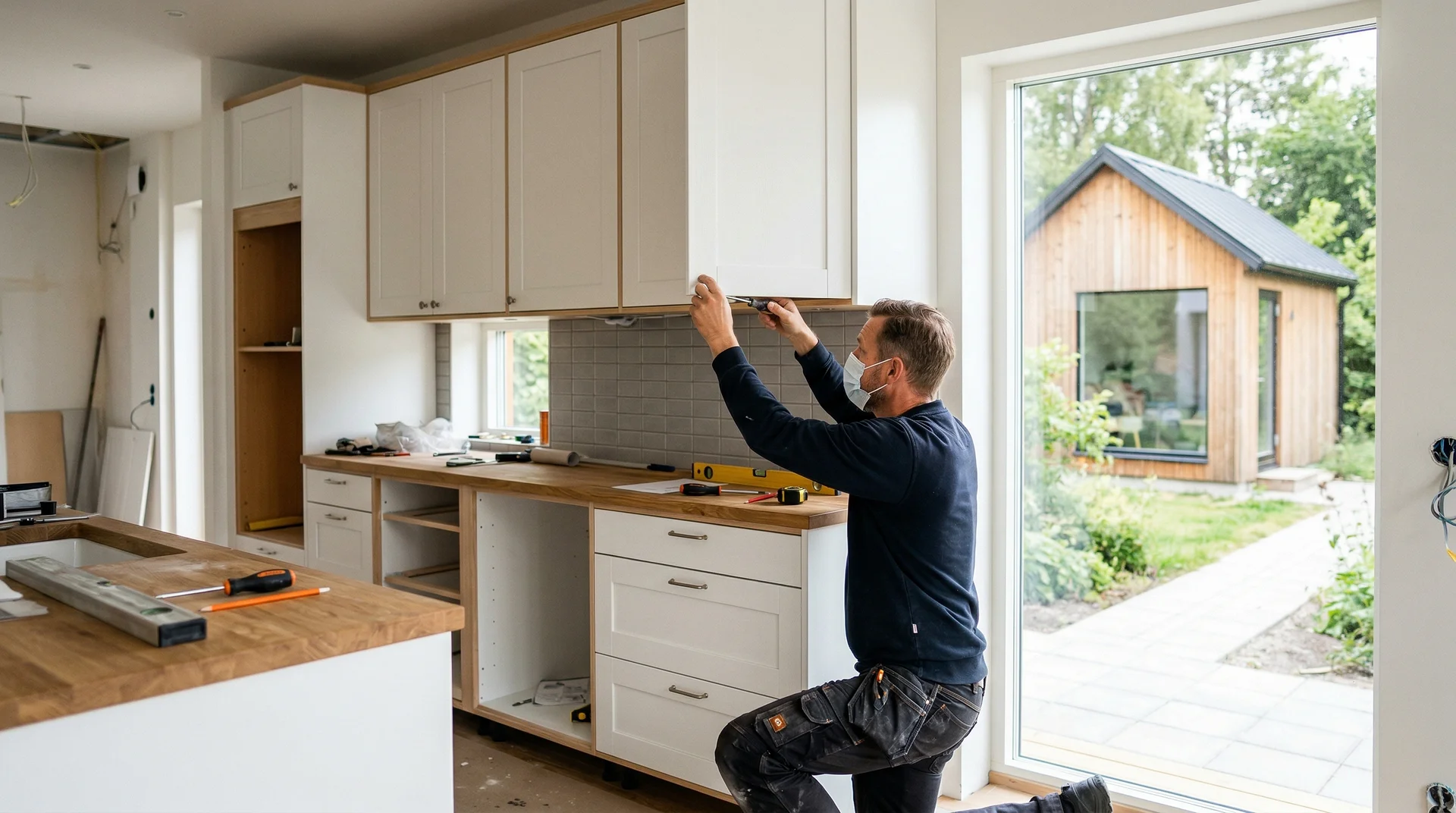 Hantverkare installerar köksskåp i ett kök under renovering.