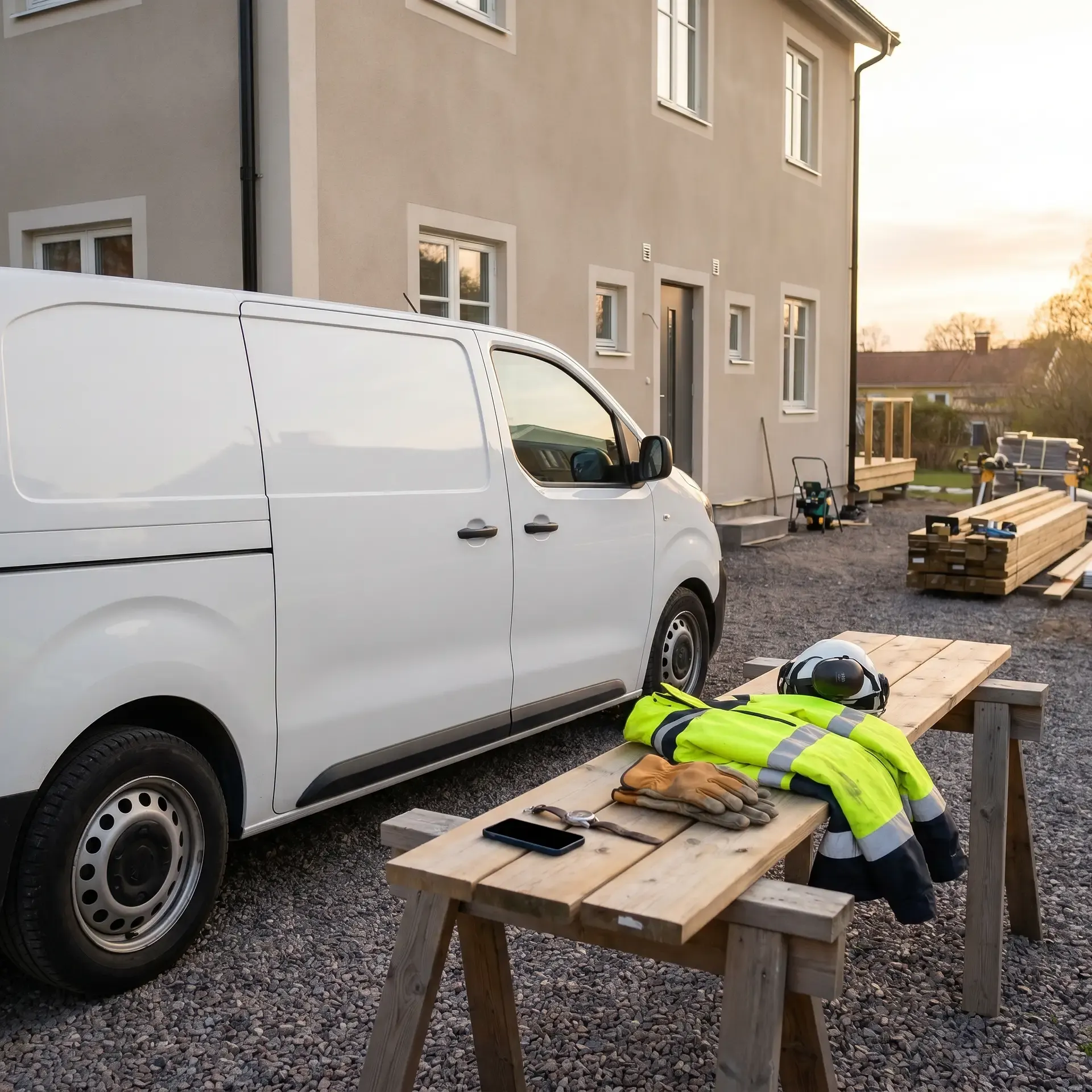 Byggarbetsplats med vit skåpbil och reflexväst på träbock framför hus.