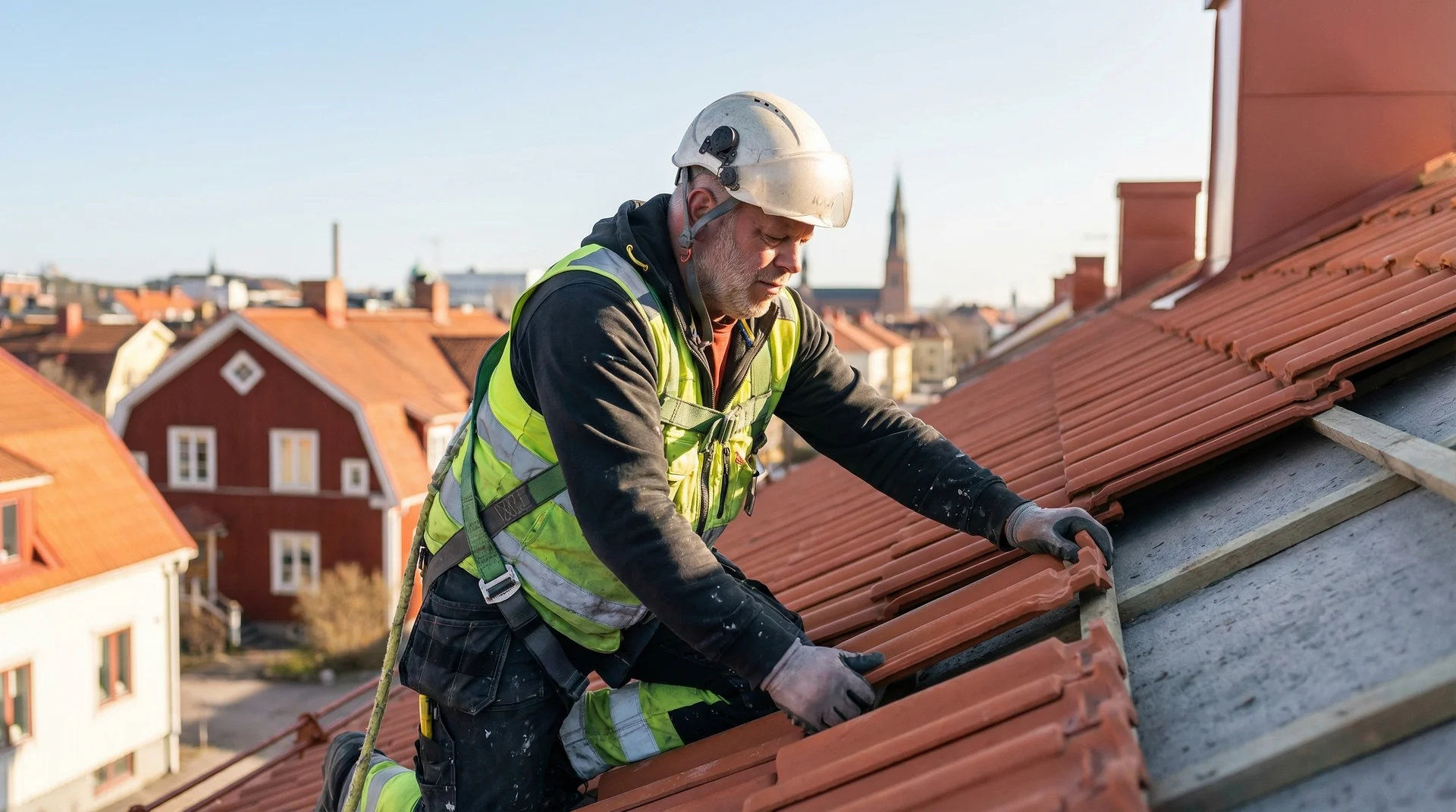 Takläggare i säkerhetsutrustning arbetar med röda takpannor på hustak.