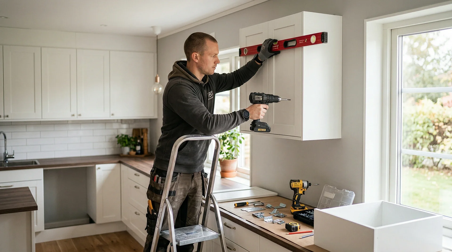 Hantverkare installerar köksskåp med vattenpass och borrmaskin i modernt kök.