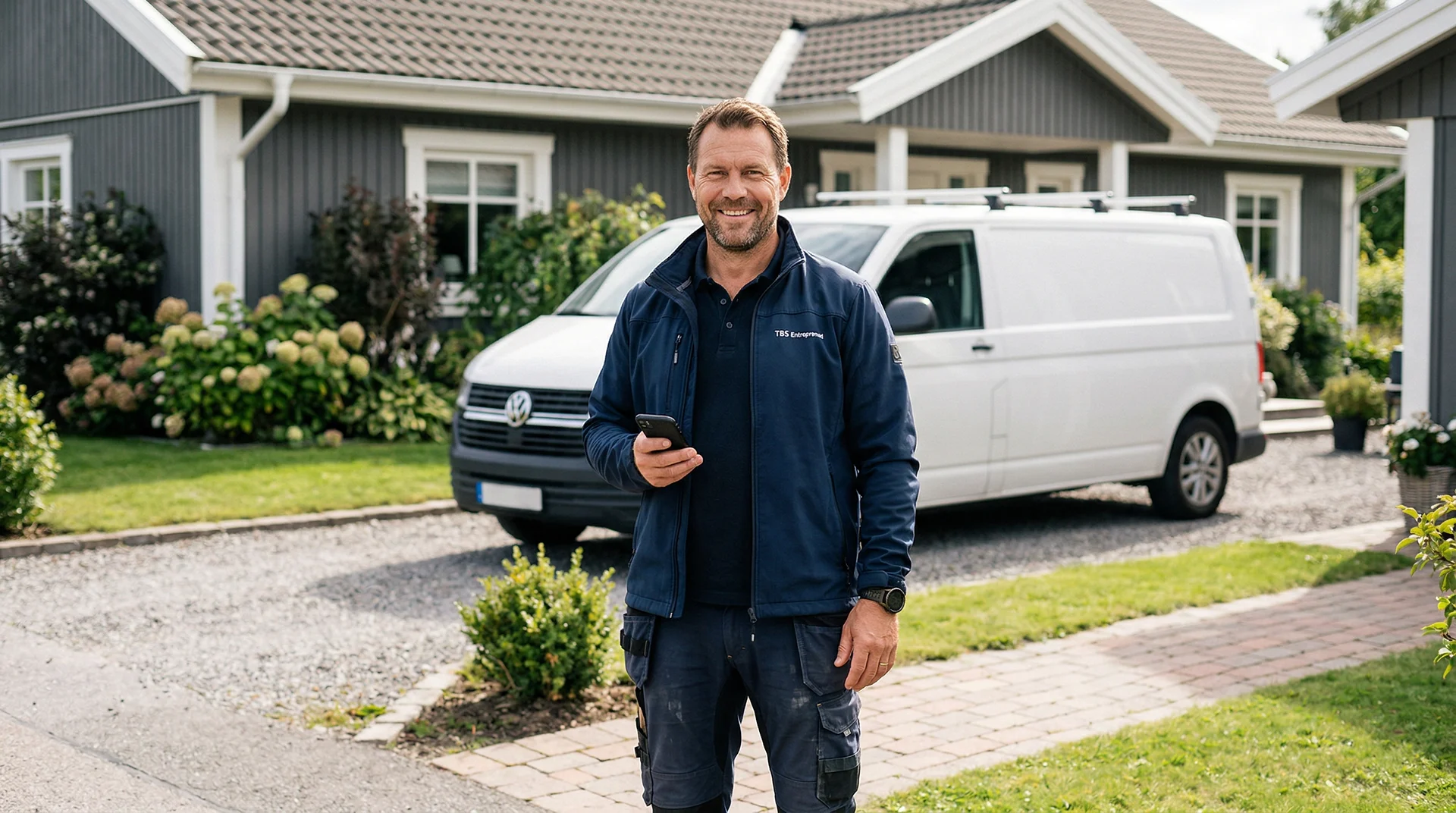 Hantverkare i blå arbetsoverall står framför vit skåpbil utanför hus.