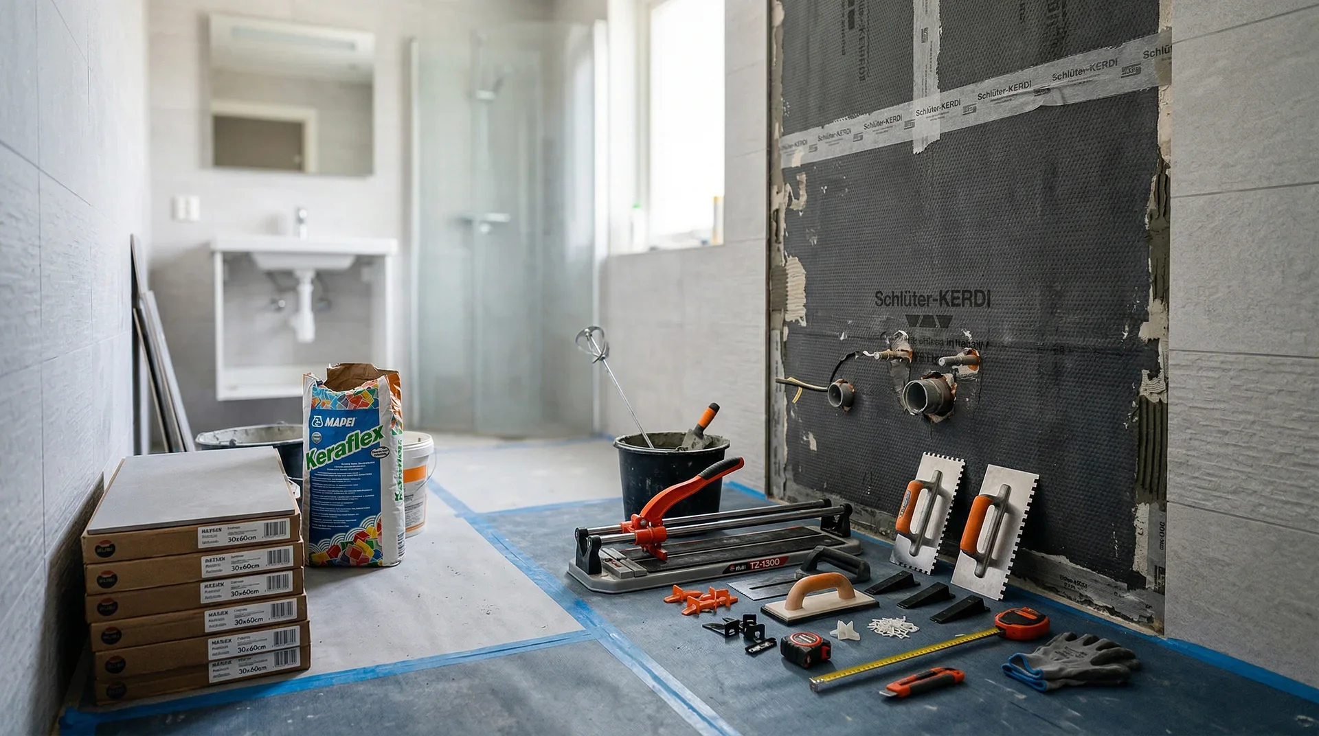 Badrumsrenovering pågår med kakelsättningsverktyg och material på golvet.