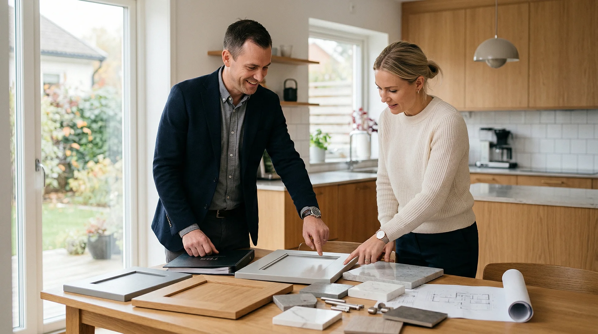 Par väljer material och färger för hemrenovering vid köksbord