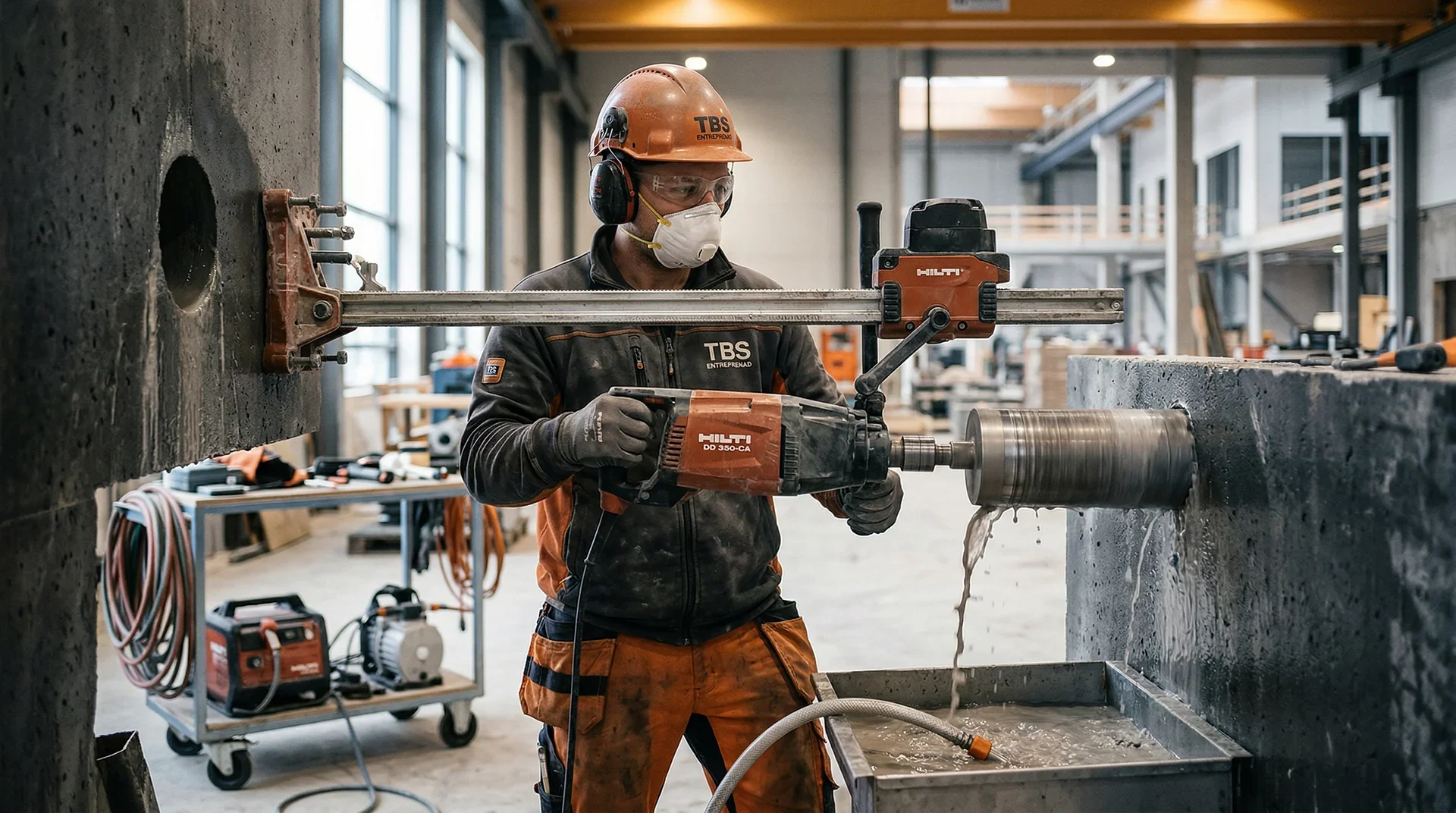 Byggnadsarbetare använder borr på betongvägg i industrilokal