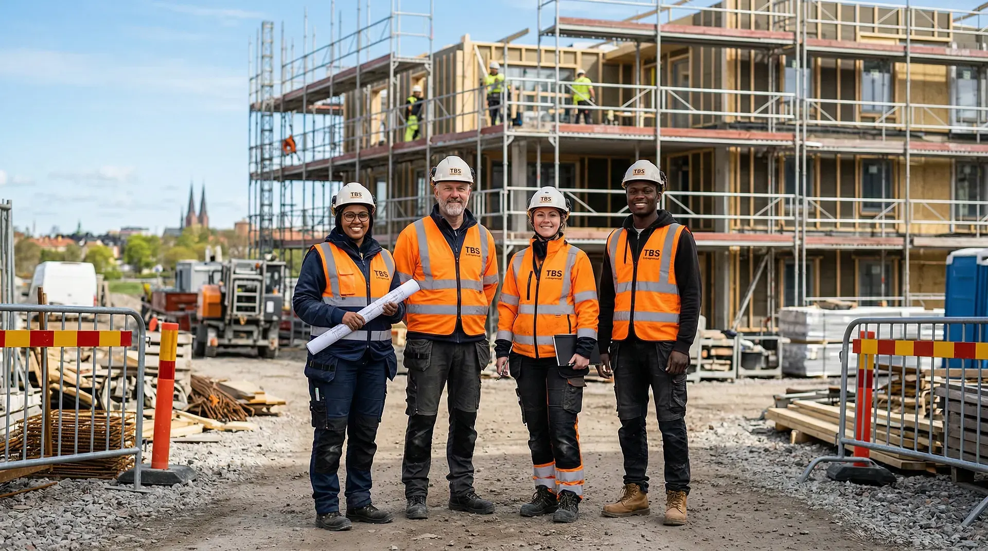 Fyra byggnadsarbetare i skyddsutrustning framför byggarbetsplats med ställningar.