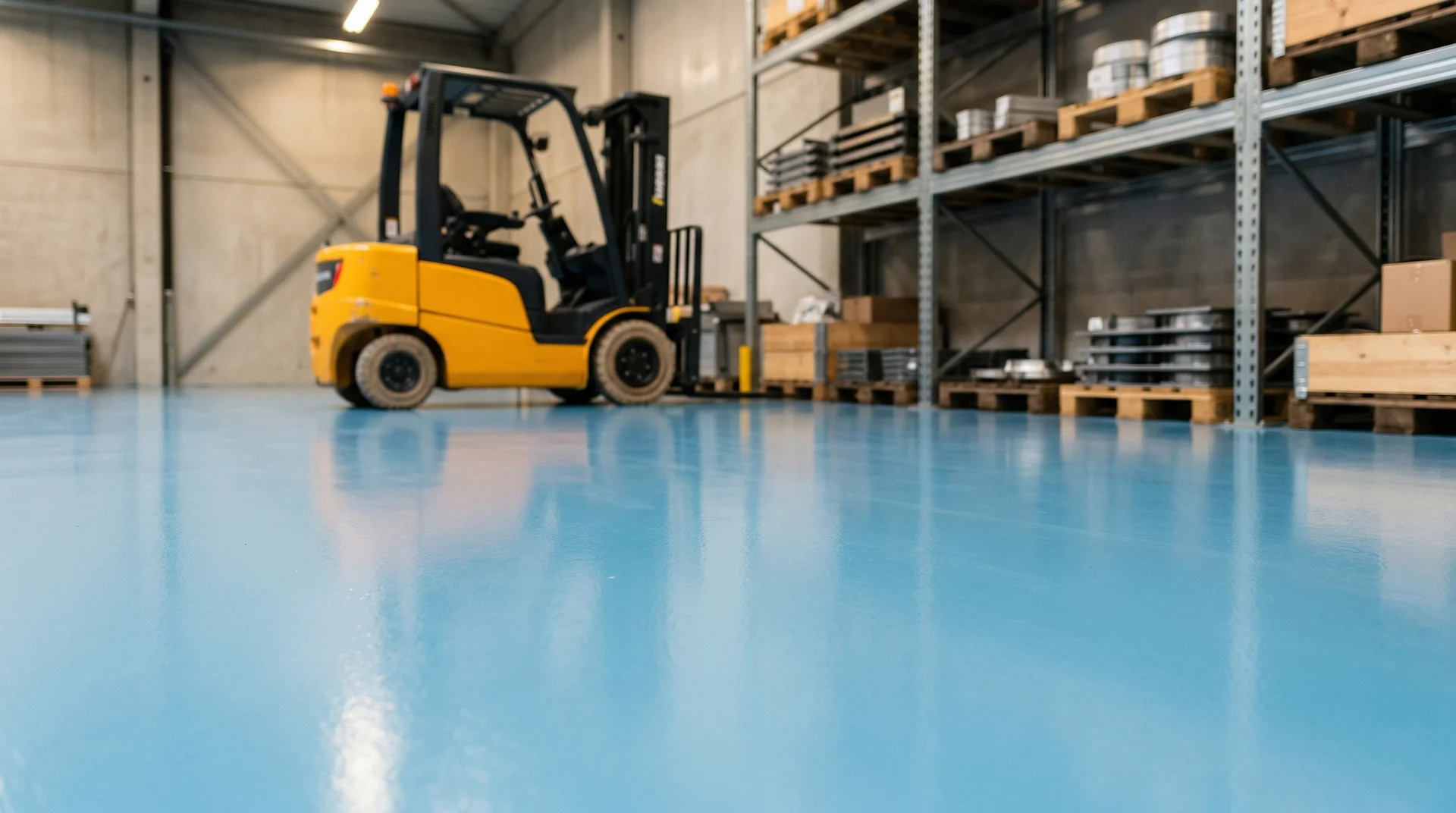 Gul gaffeltruck på blått golv i lager med hyllor
