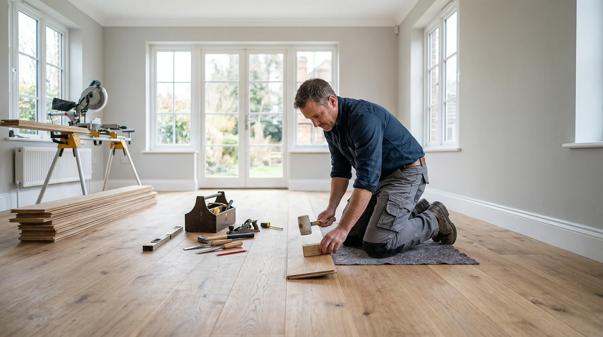 Hantverkare installerar trägolv i ljust rum med verktyg och såg.