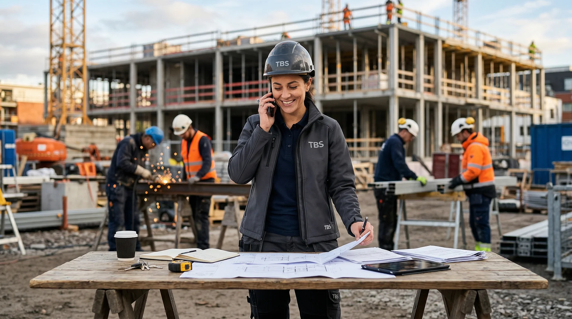 Byggarbetsledare i hjälm pratar i telefon vid ritningar på byggarbetsplats.