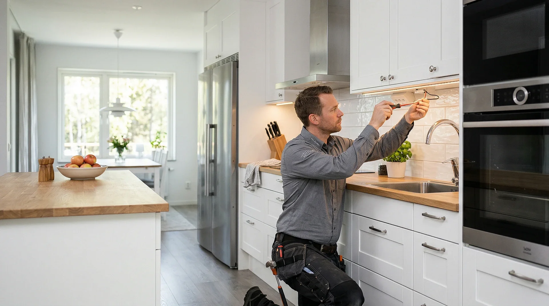 Elektriker installerar belysning under köksskåp i modernt kök.