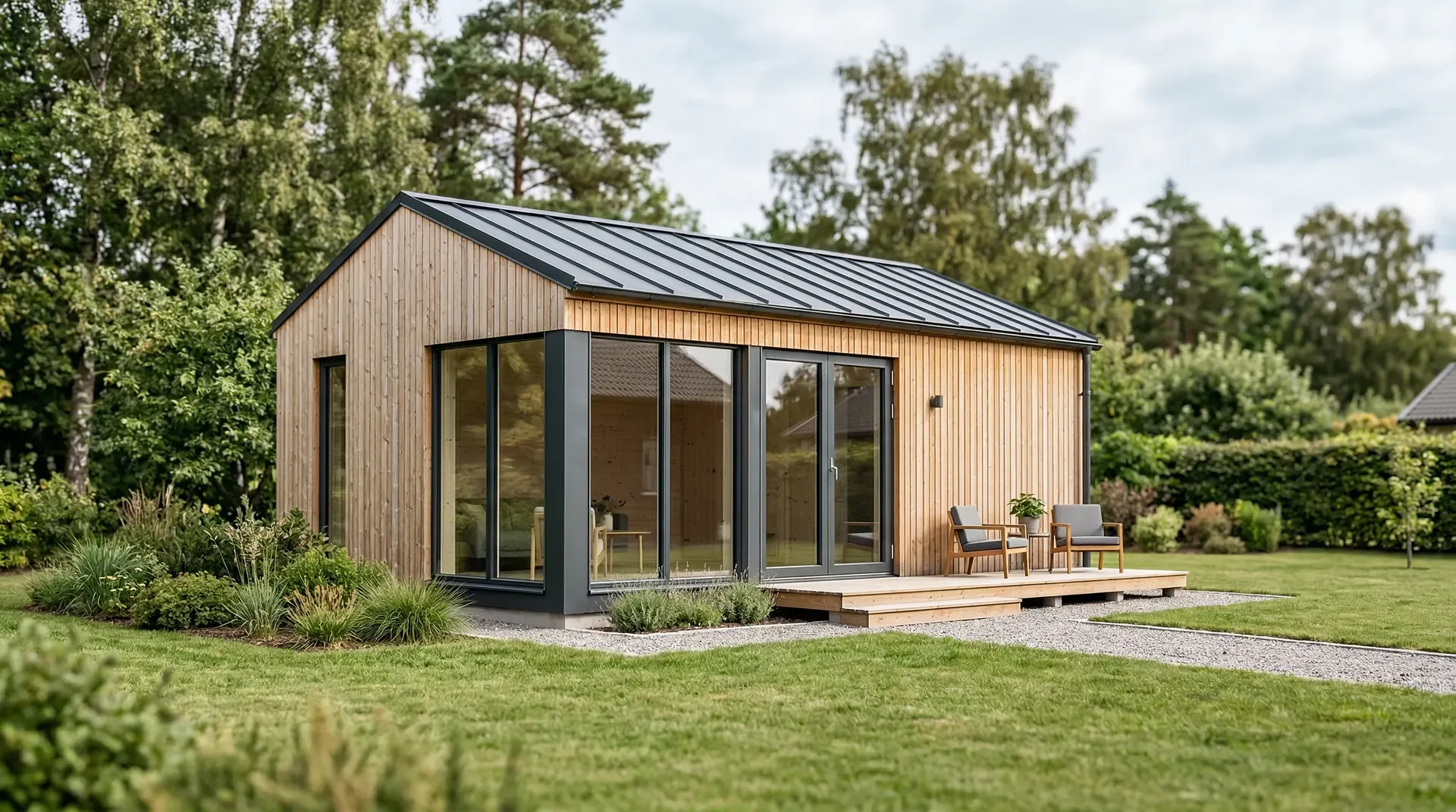 Modernt trädgårdshus med träpanel, stora glasdörrar och uteplats i grön trädgård.